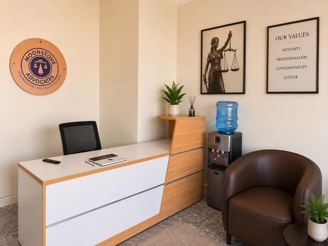 The reception desk at Moonstone Advocates in Kampala, with the firm sign and our values on the wall